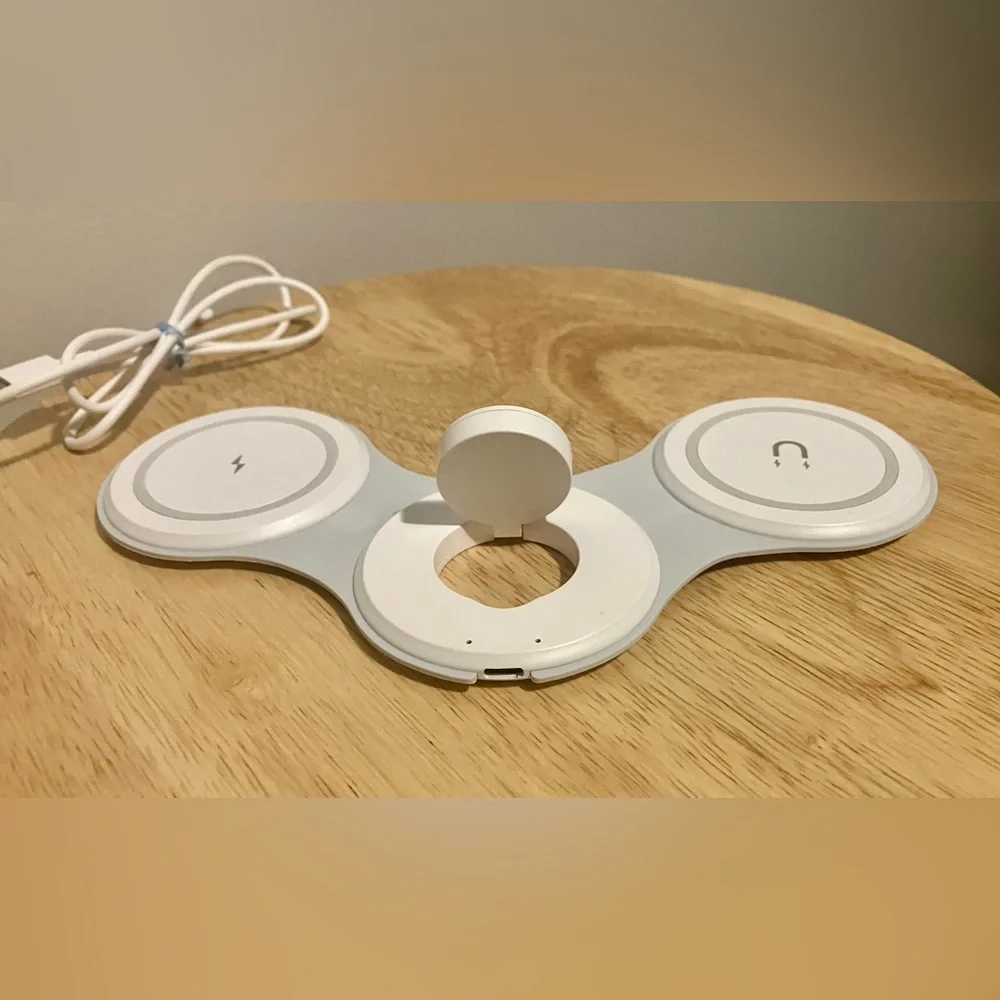 White 3-1 Wireless Charging Pad for Apple Devices. Phone, pods, watch.